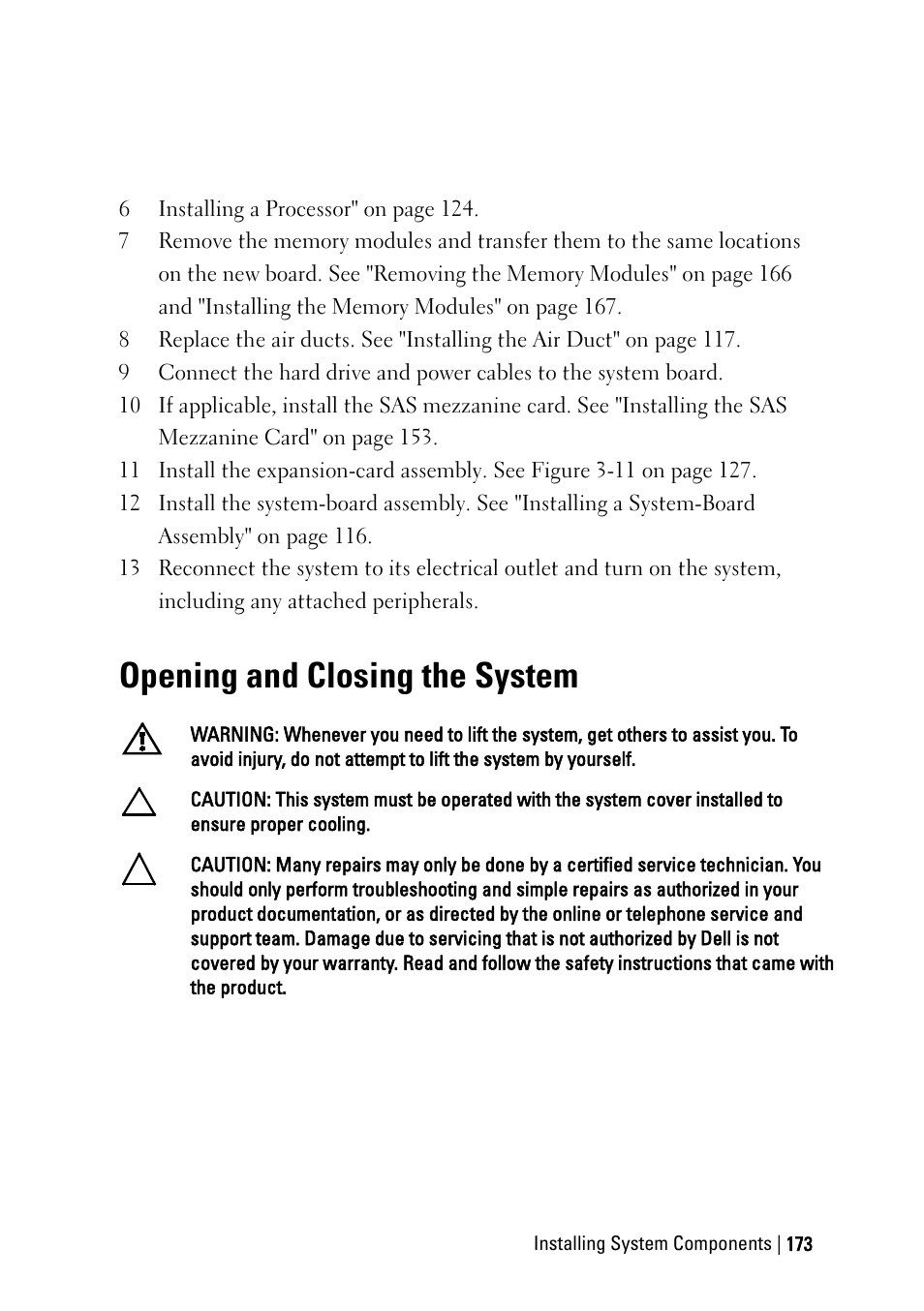 Opening and closing the system | Dell PowerEdge C6145 User Manual | Page 173 / 250