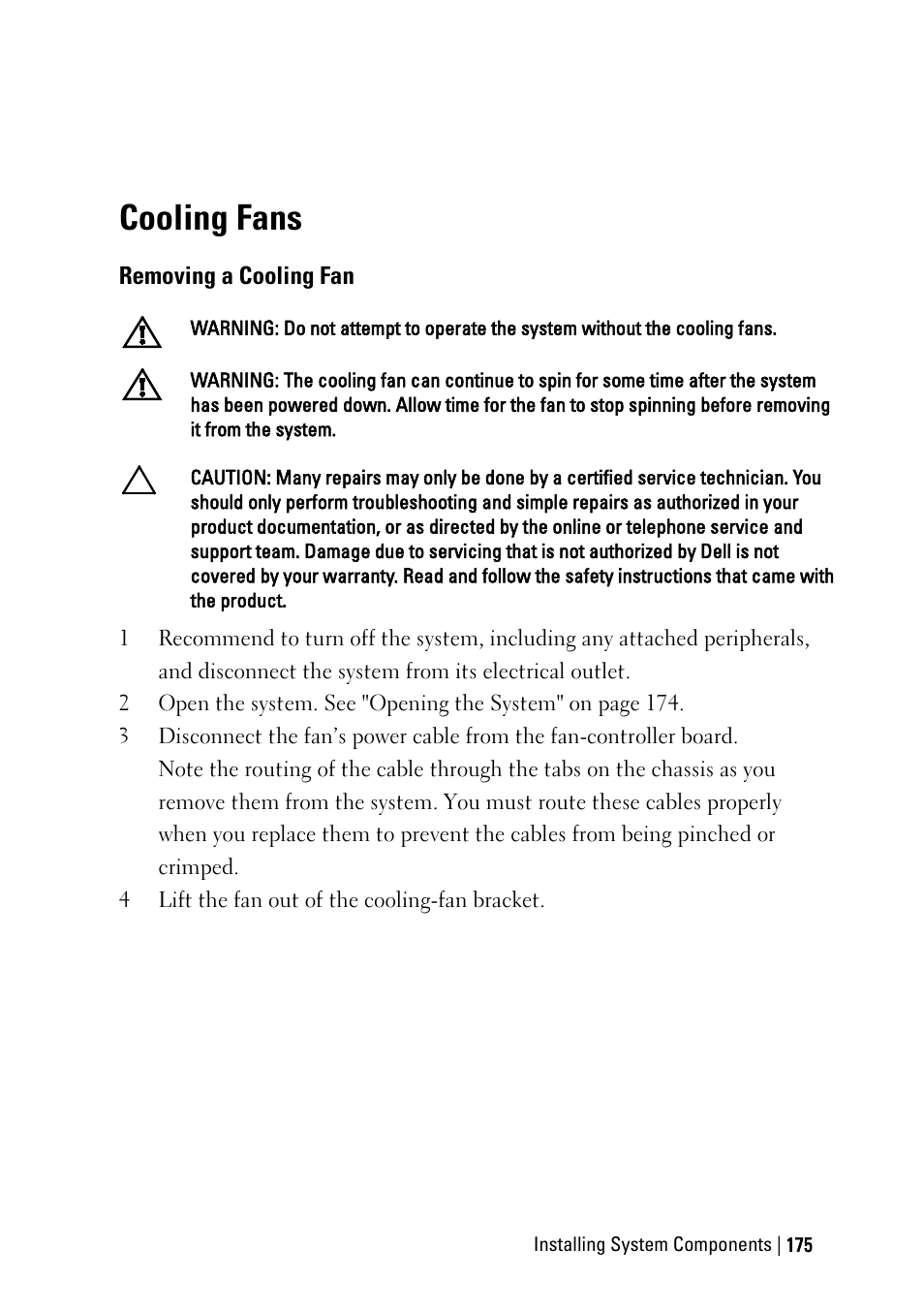 Cooling fans, Removing a cooling fan | Dell PowerEdge C6145 User Manual | Page 175 / 250