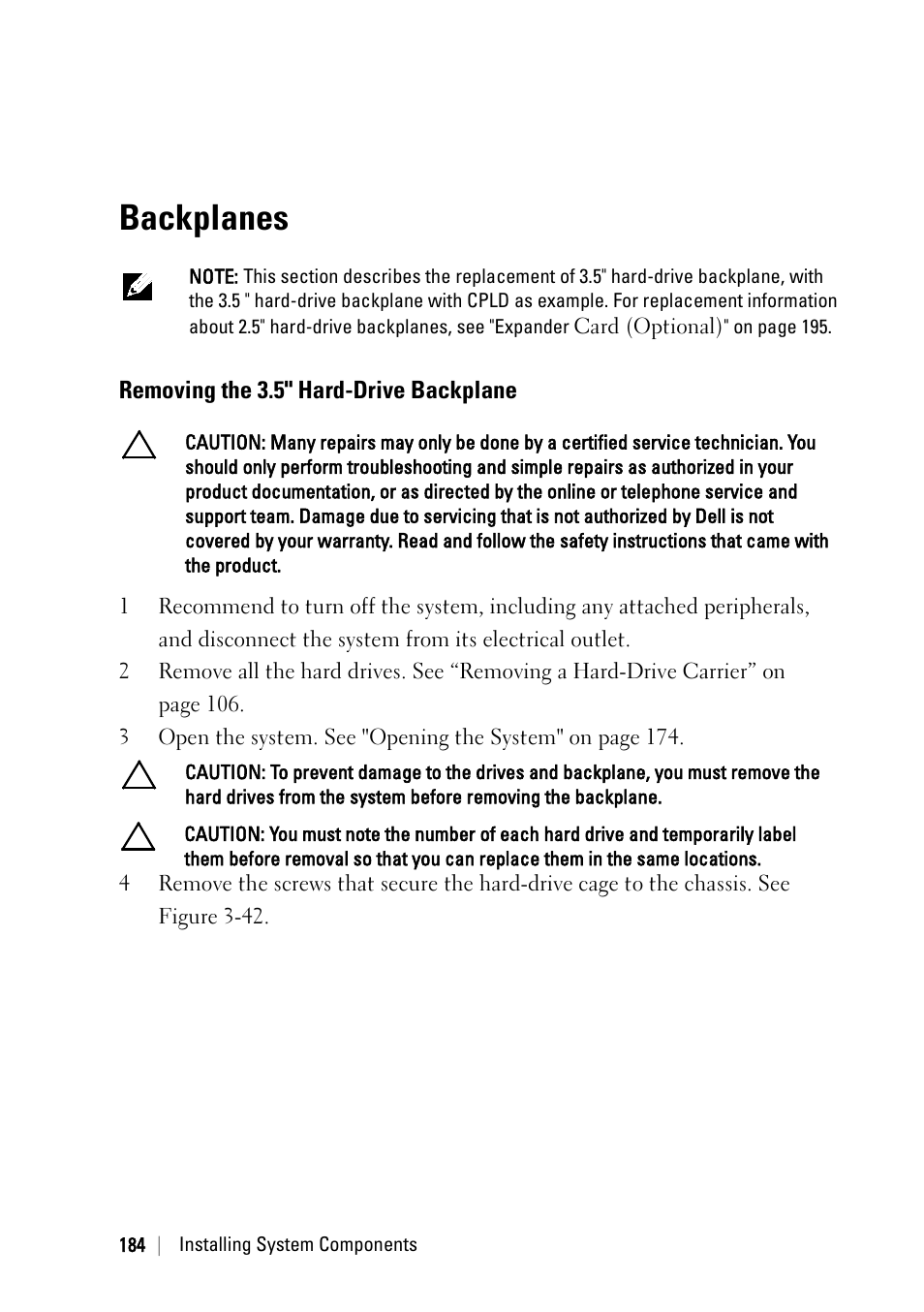Backplanes, Removing the 3.5" hard-drive backplane | Dell PowerEdge C6145 User Manual | Page 184 / 250