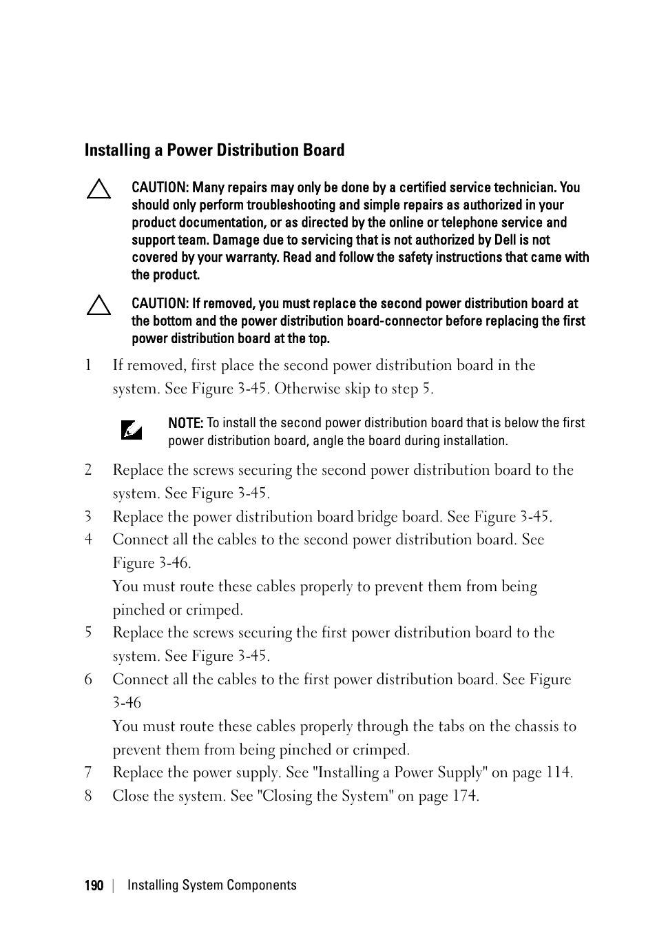 Installing a power distribution board | Dell PowerEdge C6145 User Manual | Page 190 / 250