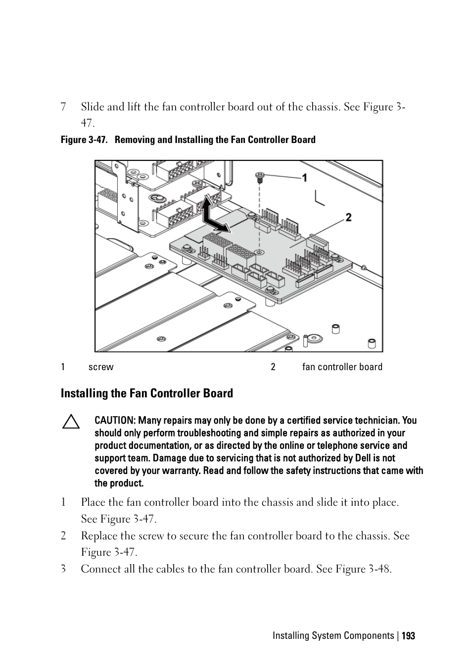 Installing the fan controller board, Figure 3-47 | Dell PowerEdge C6145 User Manual | Page 193 / 250