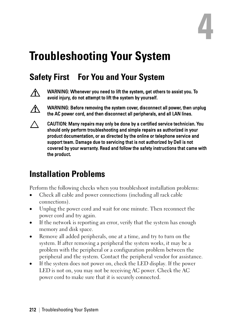 Troubleshooting your system, Safety first – for you and your system, Installation problems | Dell PowerEdge C6145 User Manual | Page 212 / 250