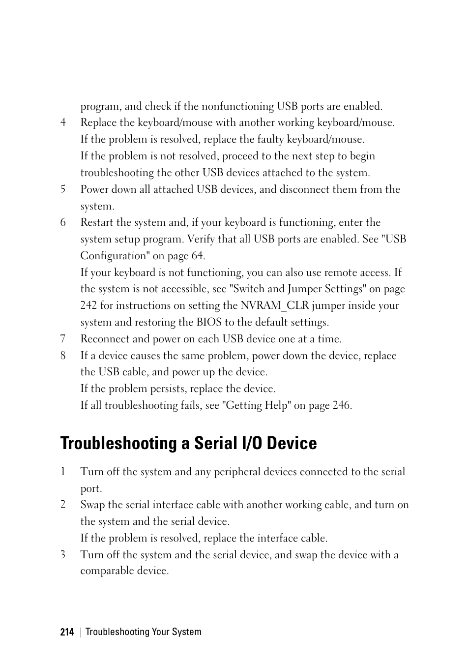 Troubleshooting a serial i/o device | Dell PowerEdge C6145 User Manual | Page 214 / 250