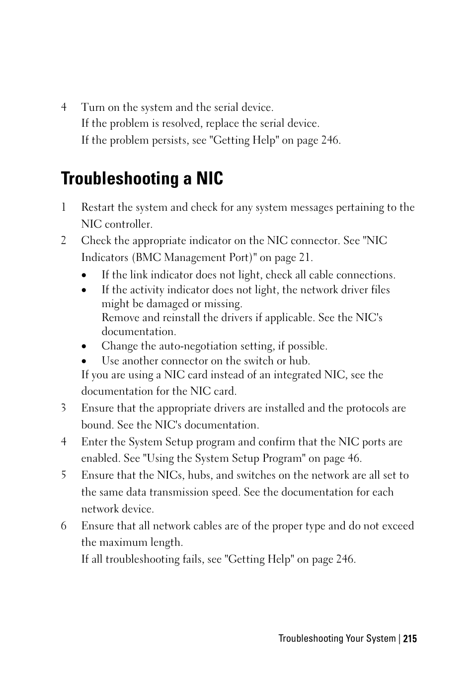 Troubleshooting a nic | Dell PowerEdge C6145 User Manual | Page 215 / 250