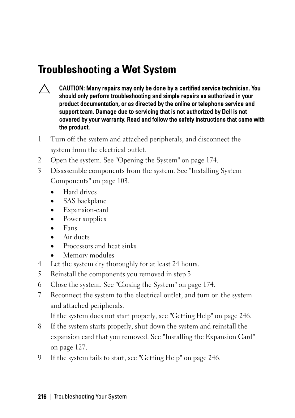 Troubleshooting a wet system | Dell PowerEdge C6145 User Manual | Page 216 / 250