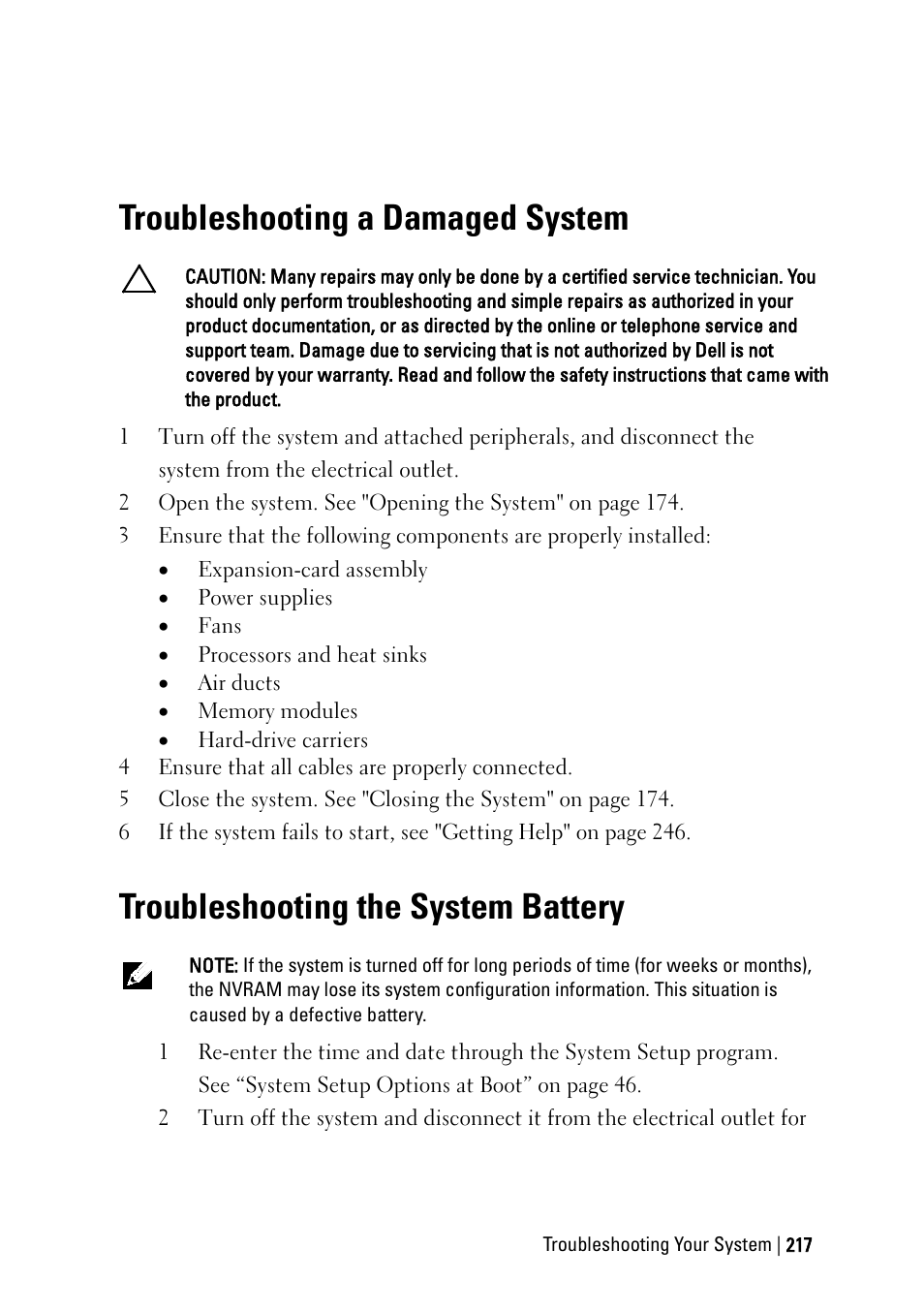 Troubleshooting a damaged system, Troubleshooting the system battery | Dell PowerEdge C6145 User Manual | Page 217 / 250