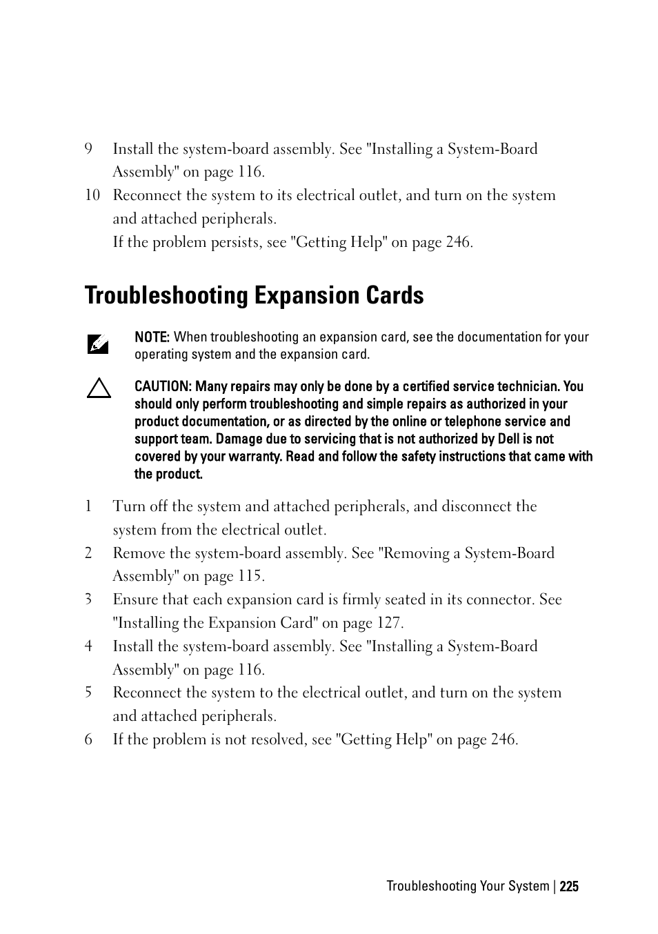 Troubleshooting expansion cards | Dell PowerEdge C6145 User Manual | Page 225 / 250