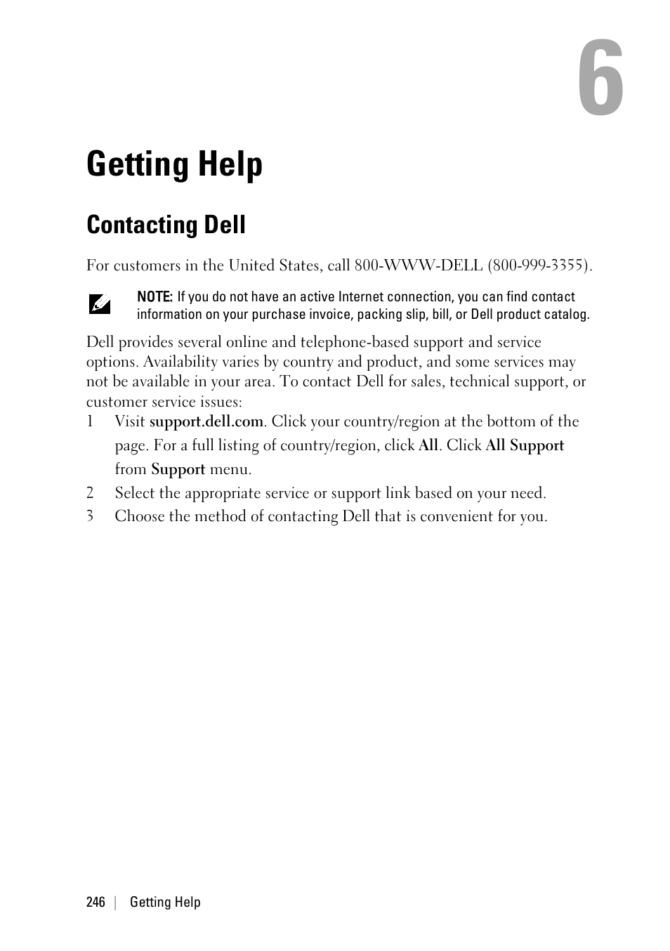 Getting help, Contacting dell, E "getting help | Ee "getting help" o, Getting help" o, E 246, Ge 246, Ee "getting help | Dell PowerEdge C6145 User Manual | Page 246 / 250