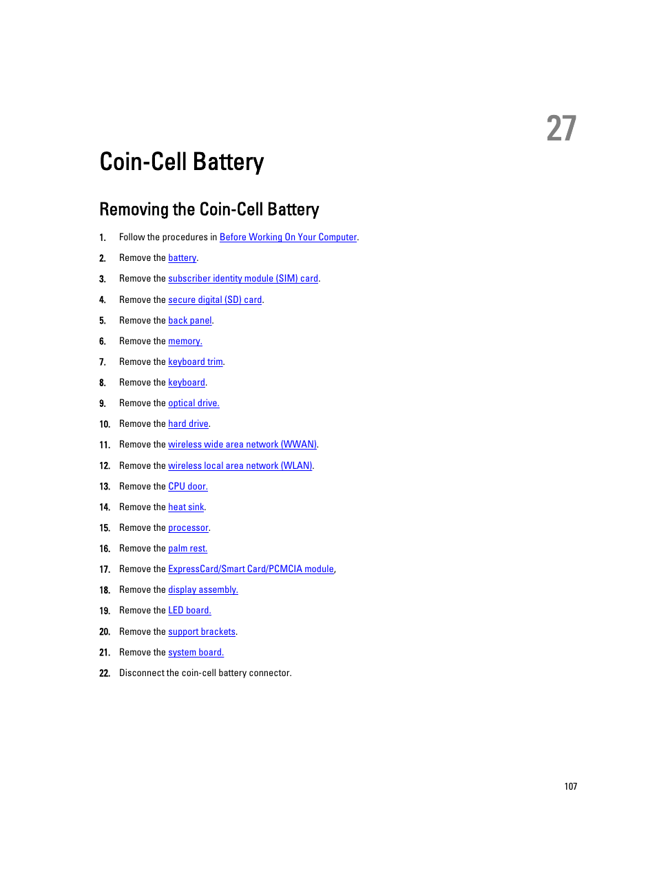 Coin-cell battery, Removing the coin-cell battery, 27 coin-cell battery | Dell Latitude E5420M (Early 2011) User Manual | Page 107 / 159