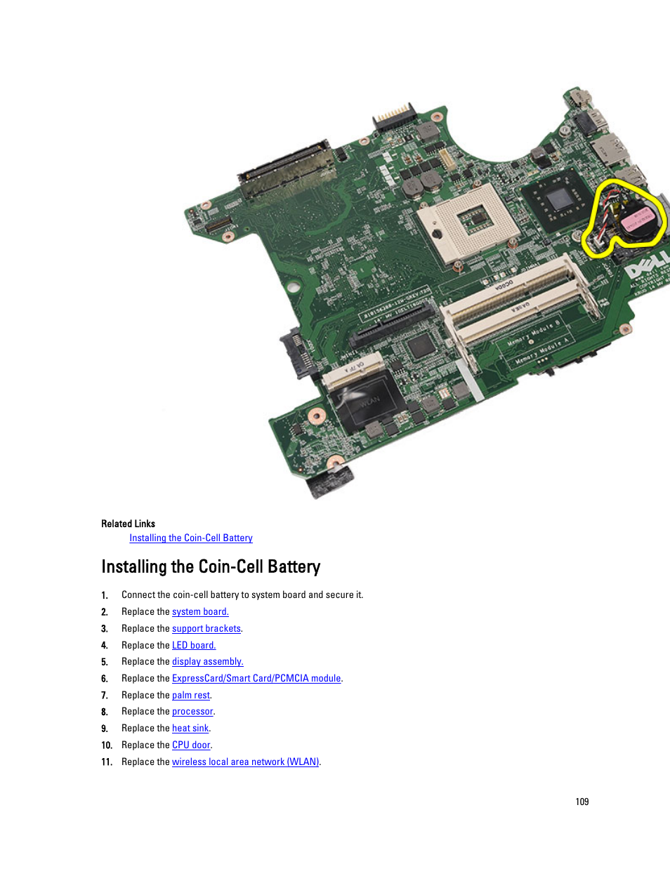 Installing the coin-cell battery | Dell Latitude E5420M (Early 2011) User Manual | Page 109 / 159