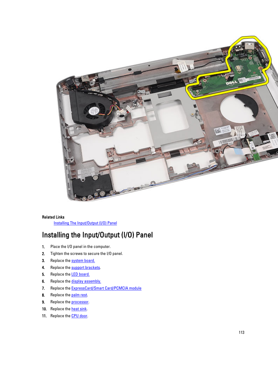 Installing the input/output (i/o) panel | Dell Latitude E5420M (Early 2011) User Manual | Page 113 / 159