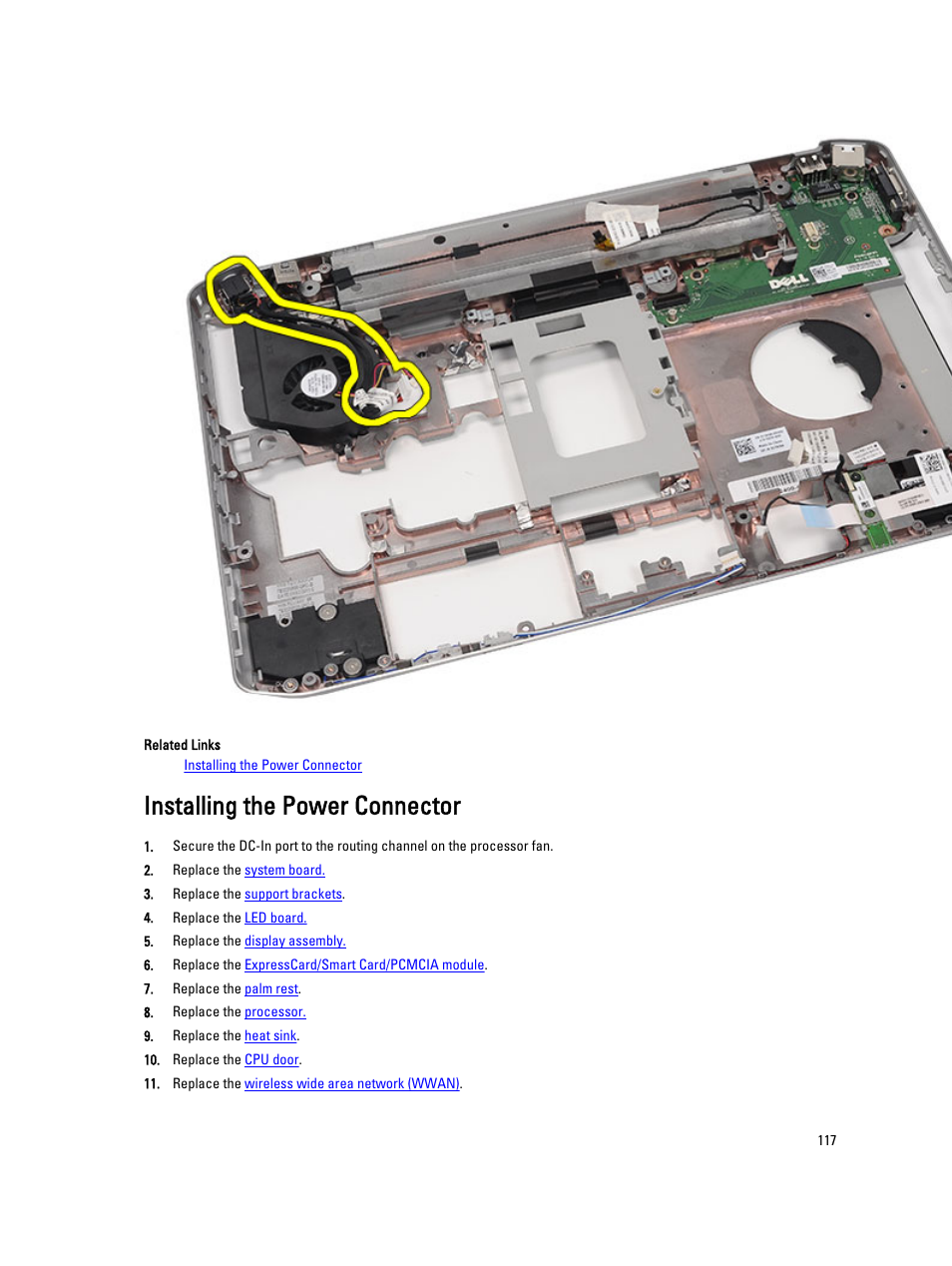 Installing the power connector | Dell Latitude E5420M (Early 2011) User Manual | Page 117 / 159