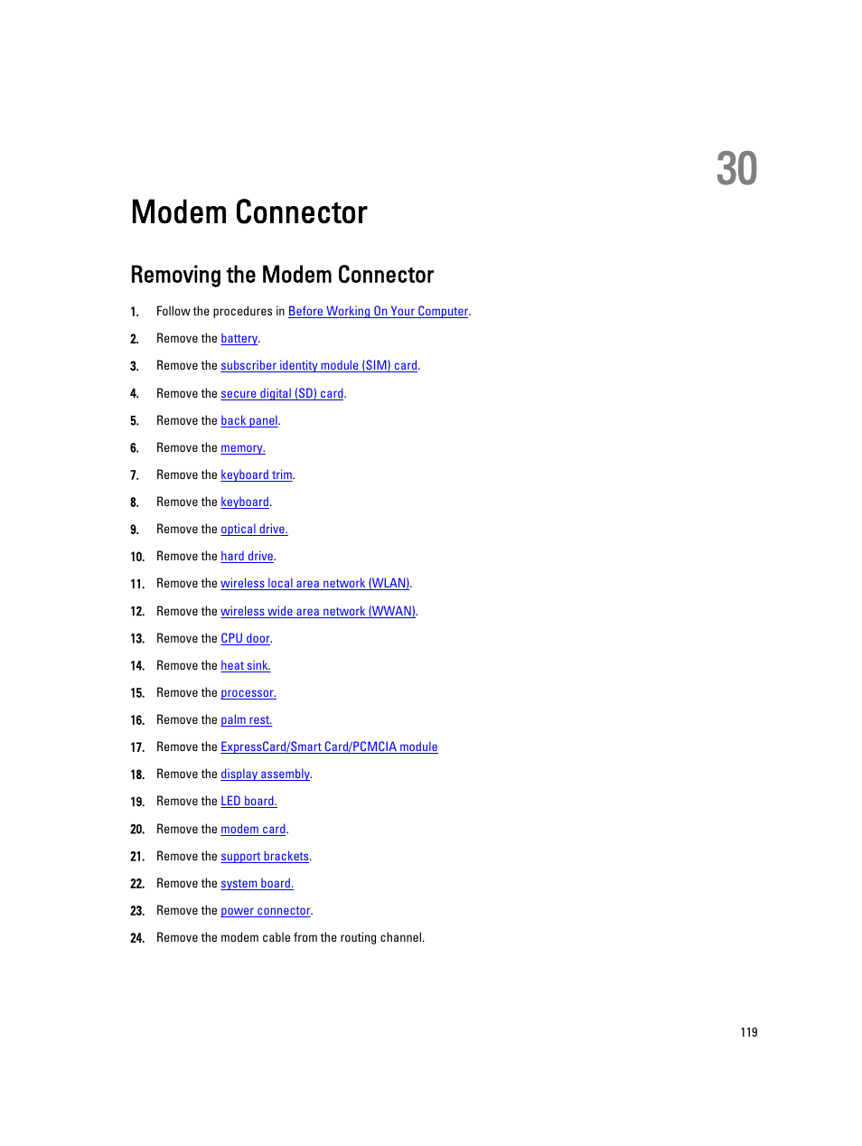 Modem connector, Removing the modem connector, 30 modem connector | Dell Latitude E5420M (Early 2011) User Manual | Page 119 / 159