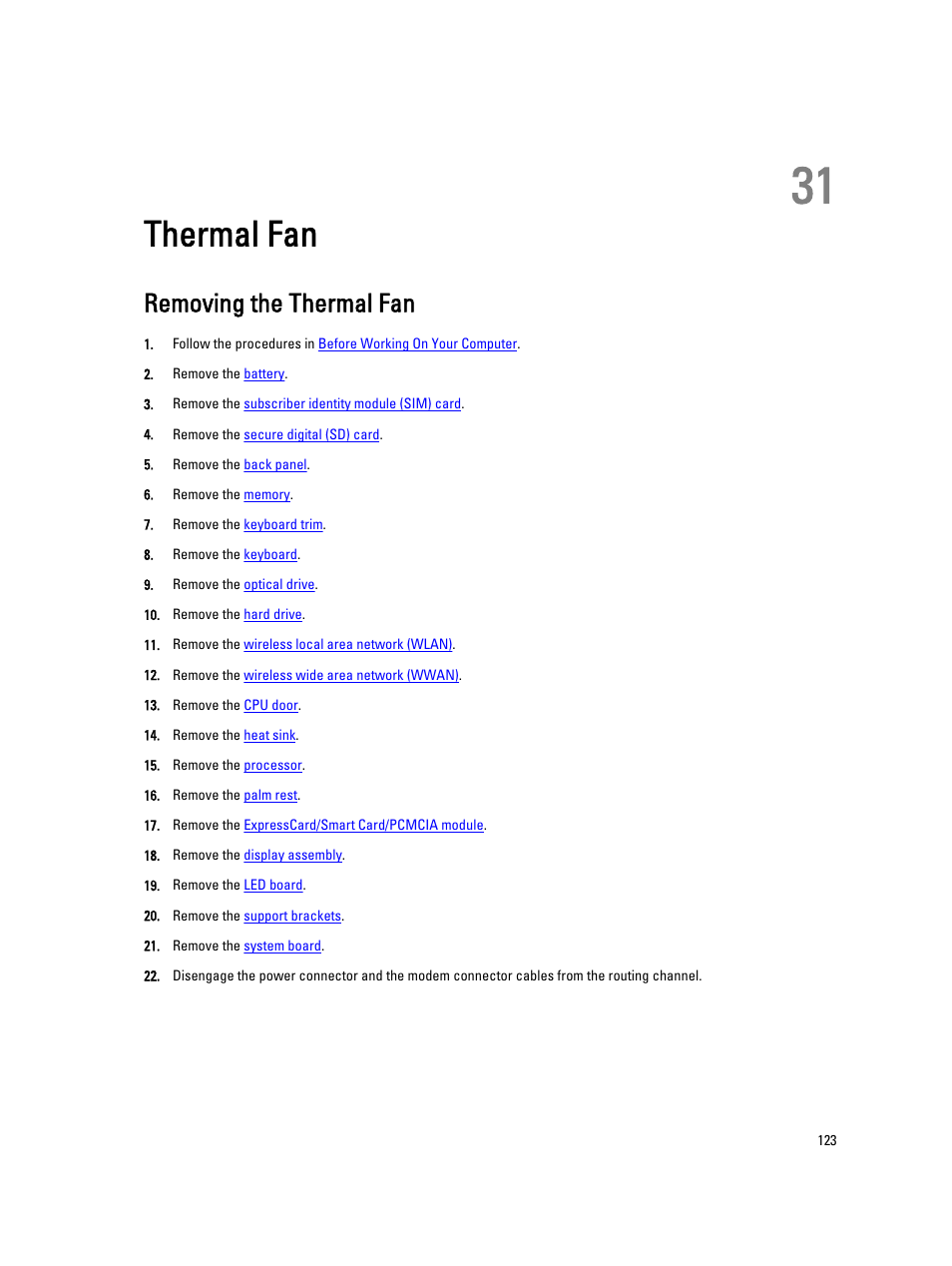 Thermal fan, Removing the thermal fan, 31 thermal fan | Dell Latitude E5420M (Early 2011) User Manual | Page 123 / 159