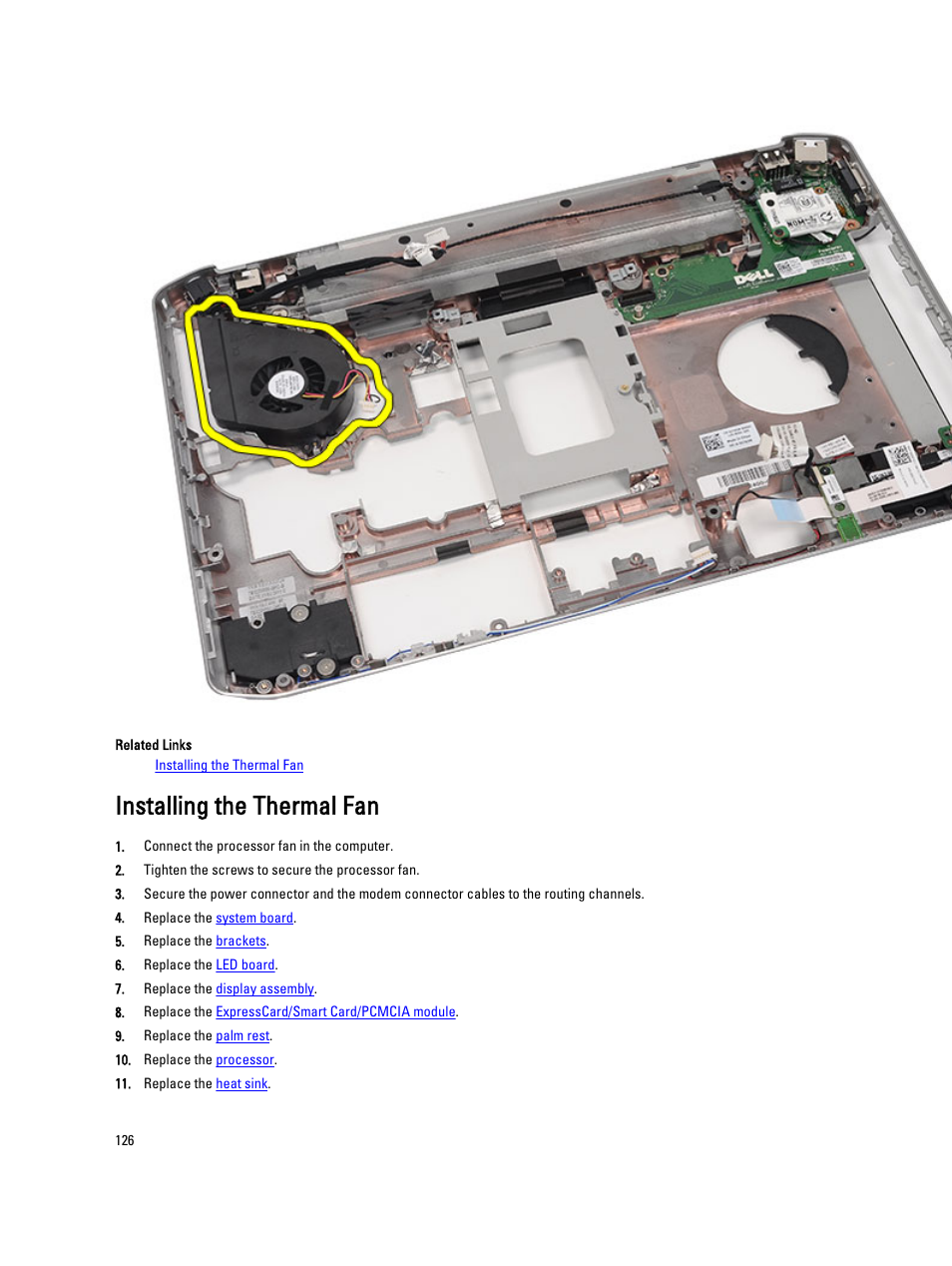 Installing the thermal fan | Dell Latitude E5420M (Early 2011) User Manual | Page 126 / 159