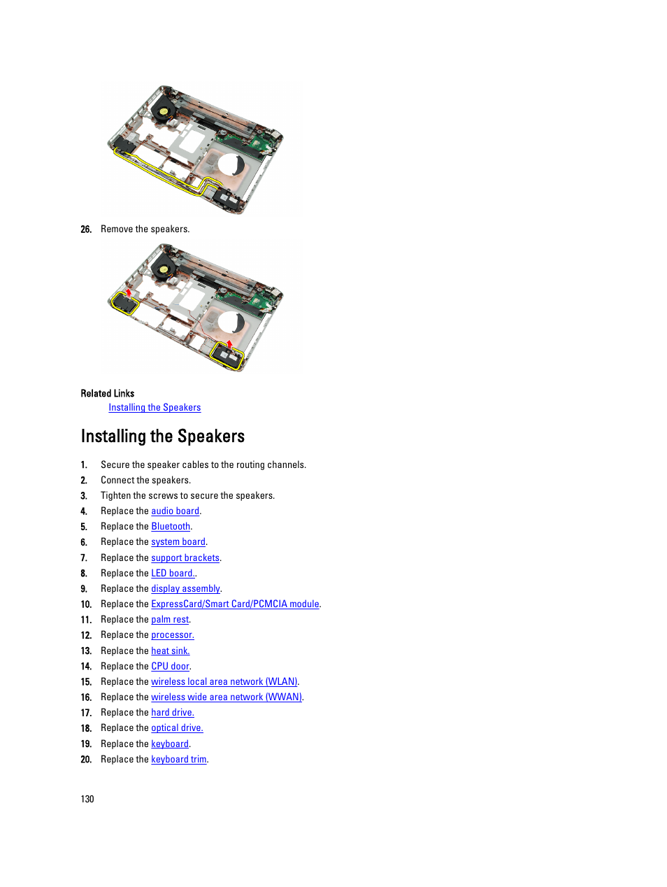 Installing the speakers | Dell Latitude E5420M (Early 2011) User Manual | Page 130 / 159