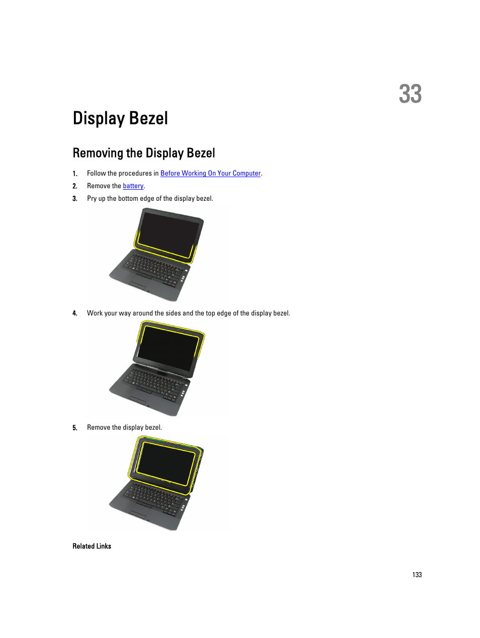 Display bezel, Removing the display bezel, 33 display bezel | Dell Latitude E5420M (Early 2011) User Manual | Page 133 / 159