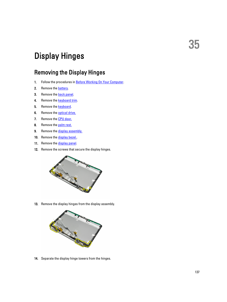 Display hinges, Removing the display hinges, 35 display hinges | Dell Latitude E5420M (Early 2011) User Manual | Page 137 / 159