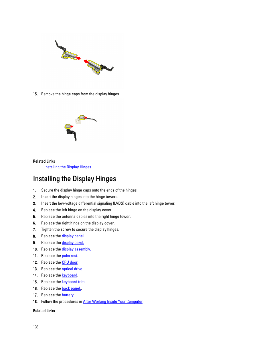 Installing the display hinges | Dell Latitude E5420M (Early 2011) User Manual | Page 138 / 159