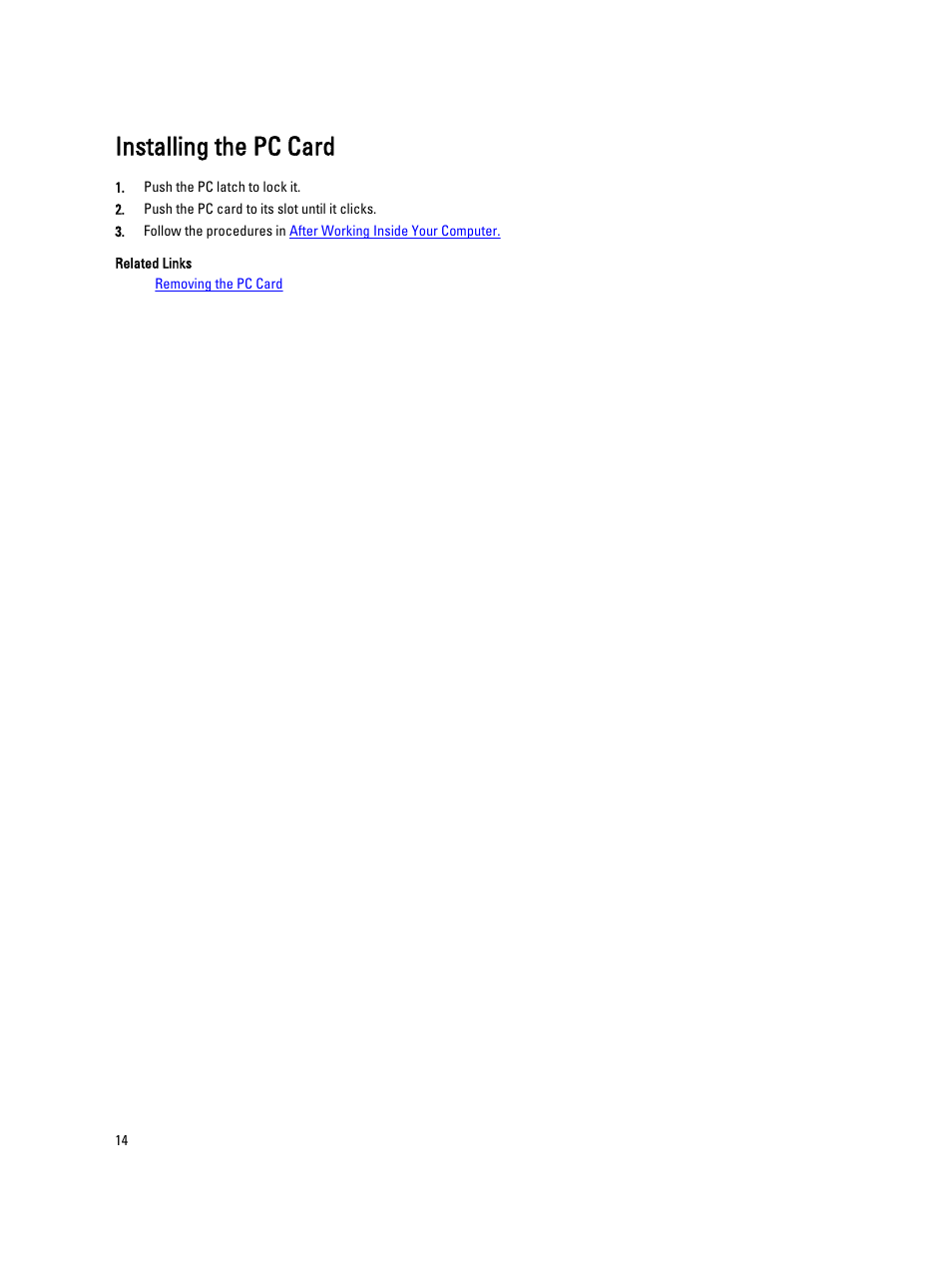Installing the pc card | Dell Latitude E5420M (Early 2011) User Manual | Page 14 / 159