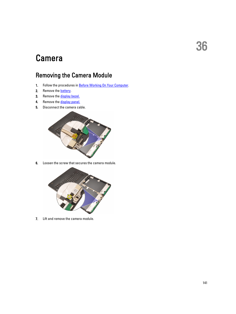 Camera, Removing the camera module, 36 camera | Dell Latitude E5420M (Early 2011) User Manual | Page 141 / 159