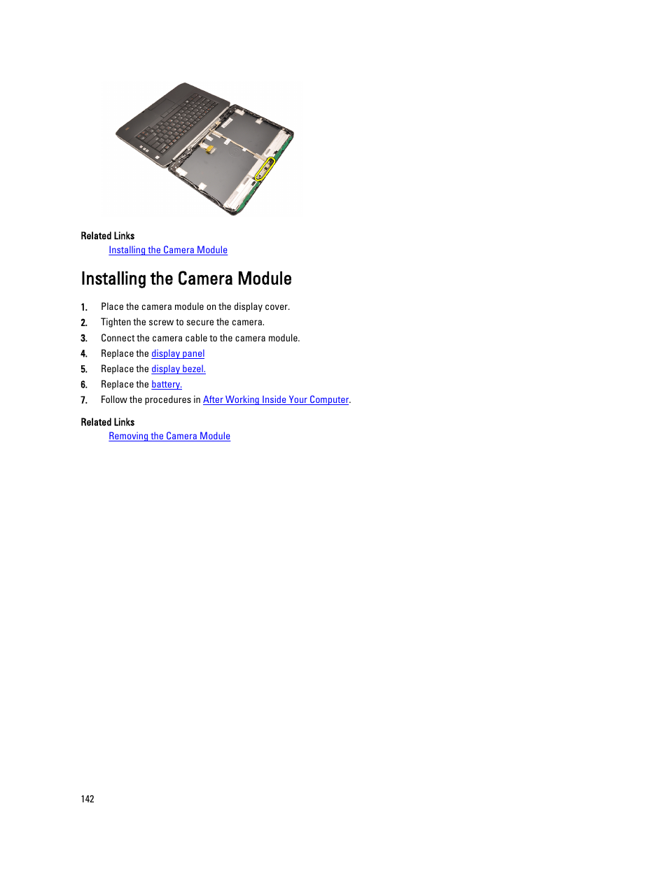 Installing the camera module | Dell Latitude E5420M (Early 2011) User Manual | Page 142 / 159