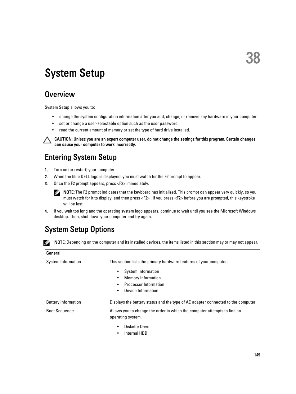 System setup, Overview, Entering system setup | System setup options, 38 system setup | Dell Latitude E5420M (Early 2011) User Manual | Page 149 / 159