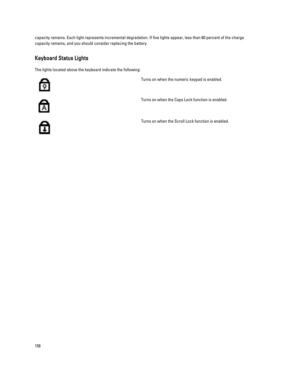 Keyboard status lights | Dell Latitude E5420M (Early 2011) User Manual | Page 158 / 159