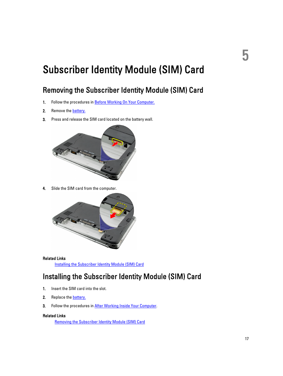 Subscriber identity module (sim) card, Removing the subscriber identity module (sim) card, 5 subscriber identity module (sim) card | Dell Latitude E5420M (Early 2011) User Manual | Page 17 / 159