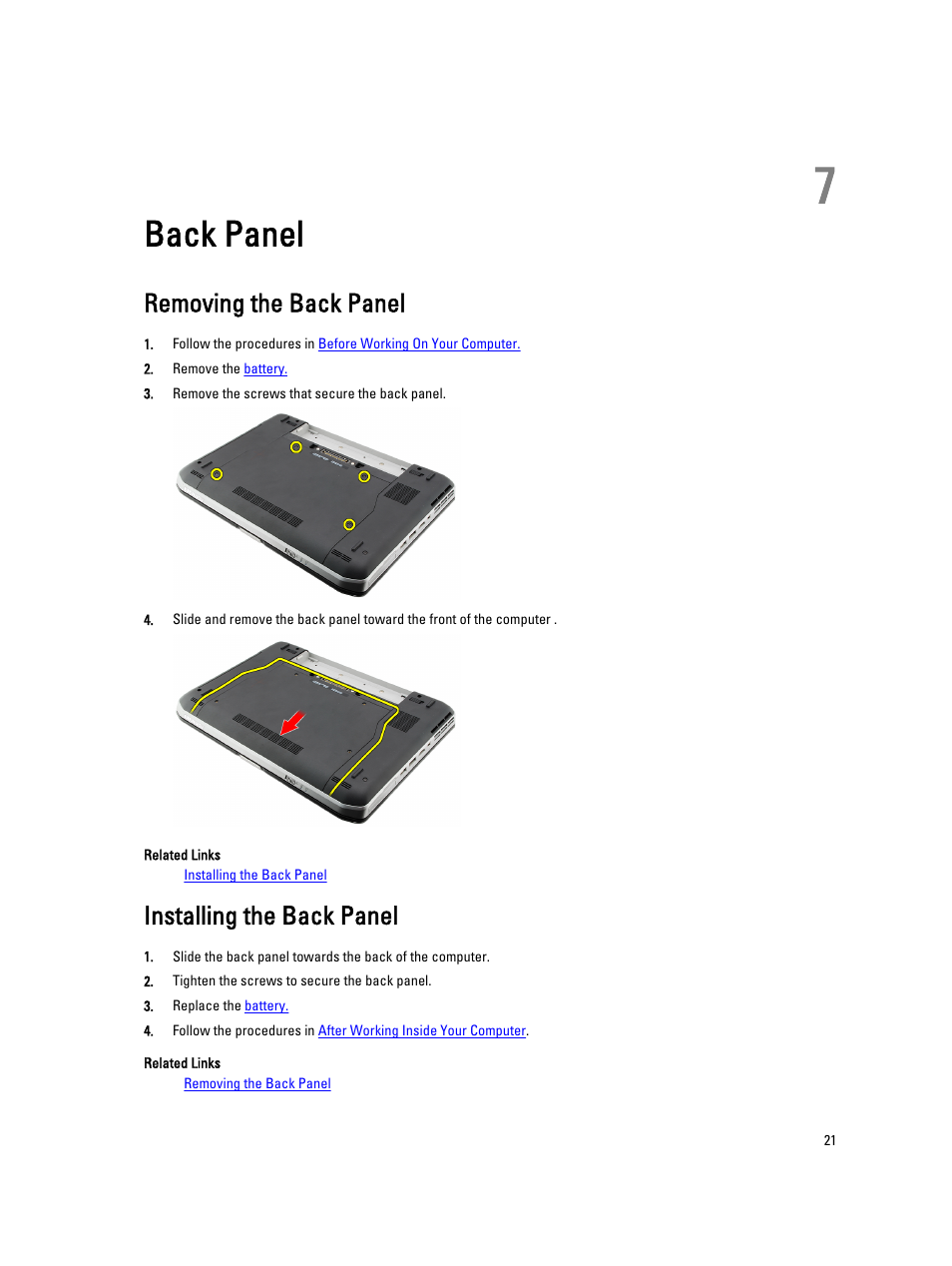 Back panel, Removing the back panel, Installing the back panel | 7 back panel | Dell Latitude E5420M (Early 2011) User Manual | Page 21 / 159