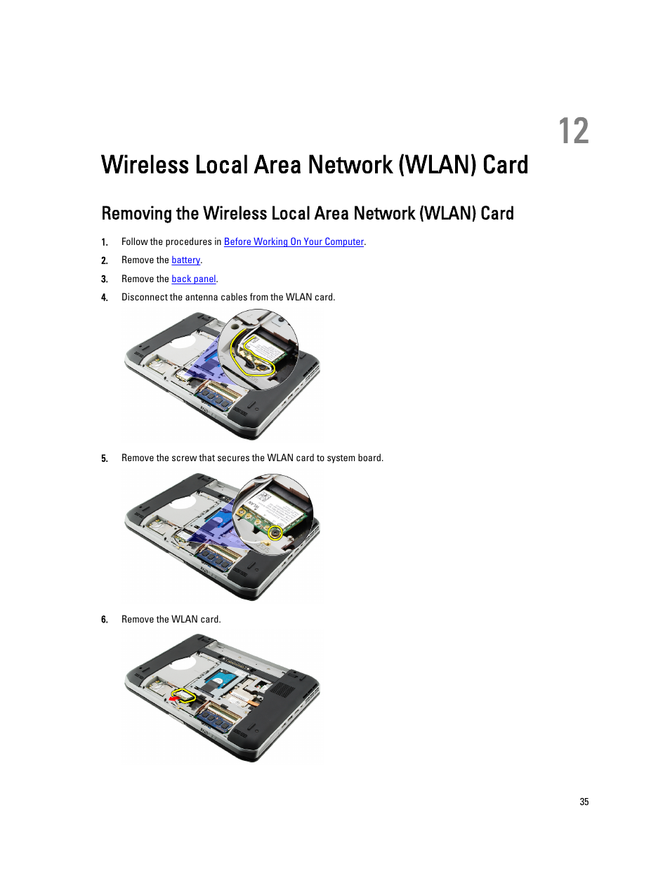 Wireless local area network (wlan) card, 12 wireless local area network (wlan) card | Dell Latitude E5420M (Early 2011) User Manual | Page 35 / 159