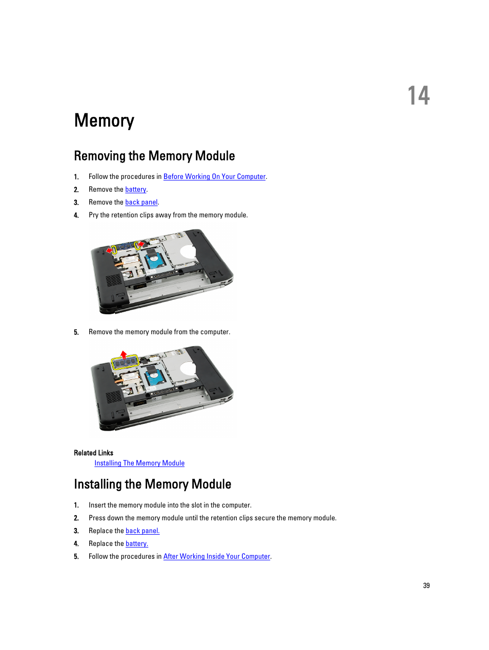 Memory, Removing the memory module, Installing the memory module | 14 memory | Dell Latitude E5420M (Early 2011) User Manual | Page 39 / 159