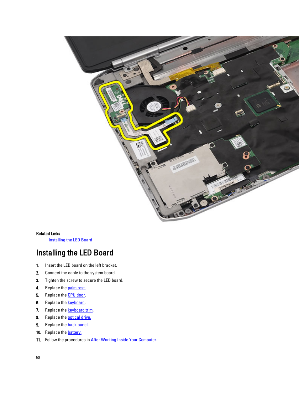 Installing the led board | Dell Latitude E5420M (Early 2011) User Manual | Page 58 / 159