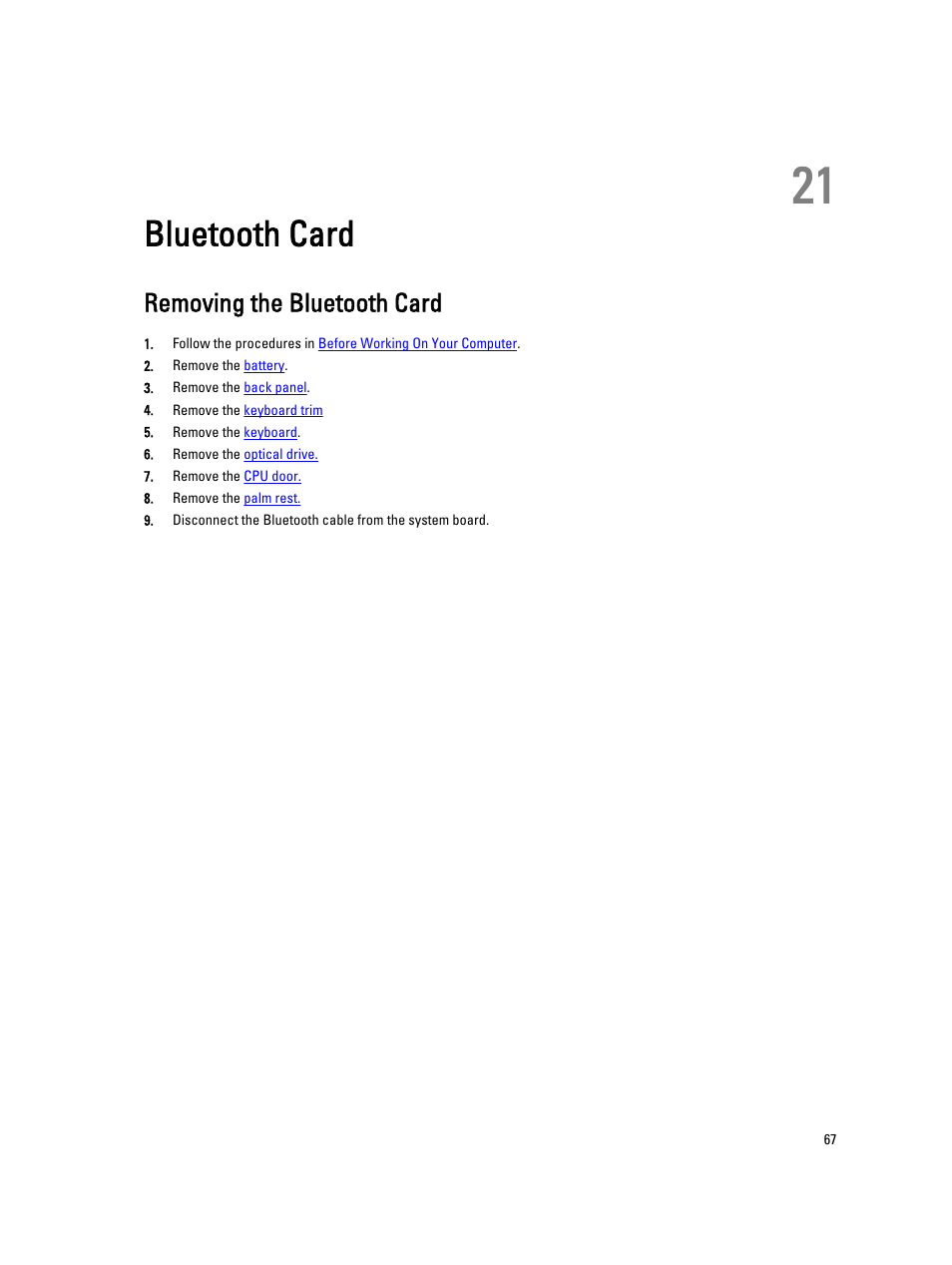 Bluetooth card, Removing the bluetooth card, 21 bluetooth card | Dell Latitude E5420M (Early 2011) User Manual | Page 67 / 159