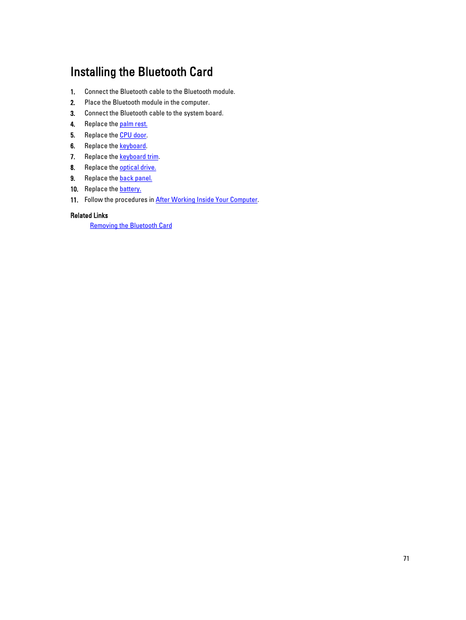 Installing the bluetooth card | Dell Latitude E5420M (Early 2011) User Manual | Page 71 / 159