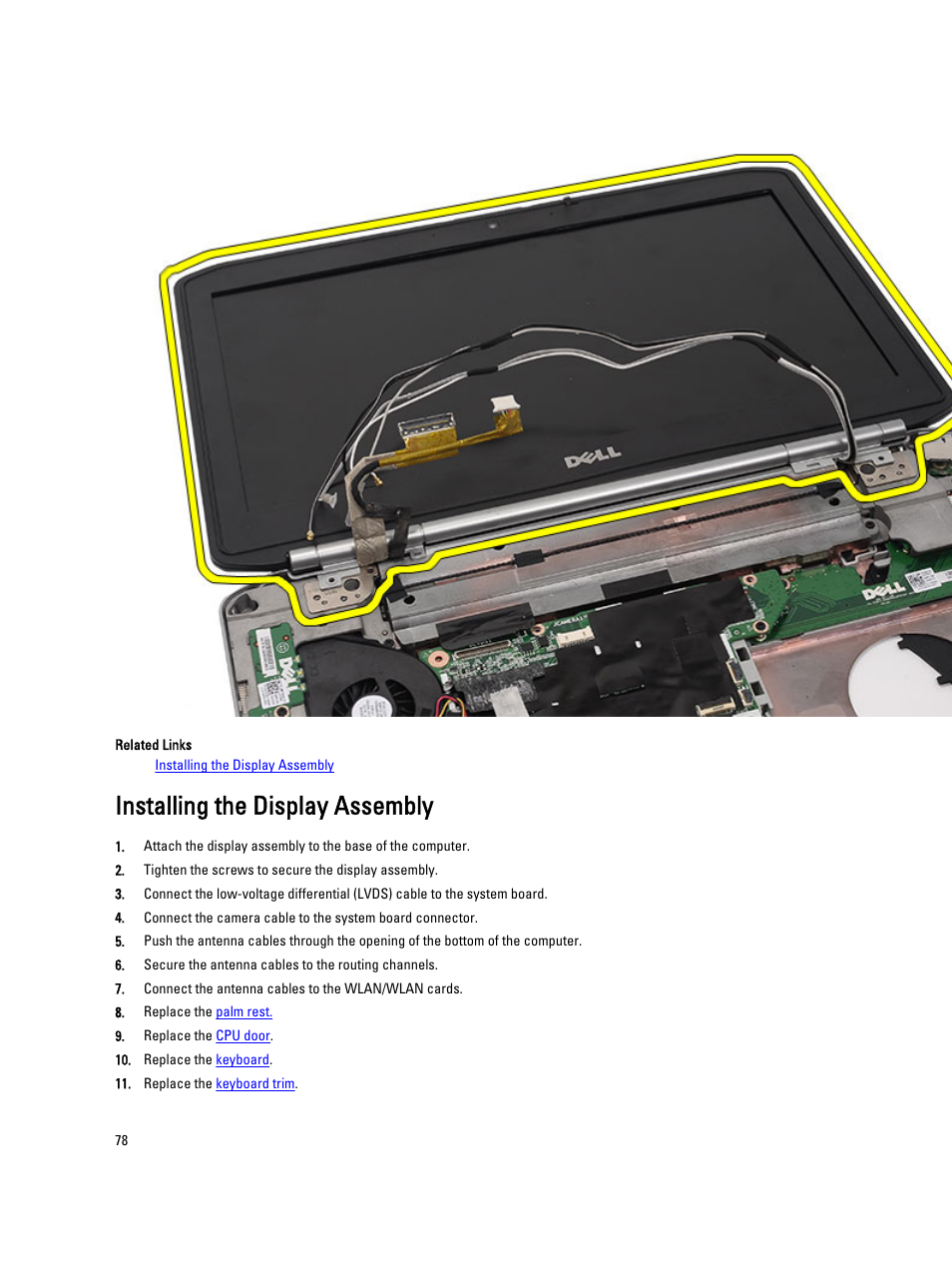 Installing the display assembly | Dell Latitude E5420M (Early 2011) User Manual | Page 78 / 159