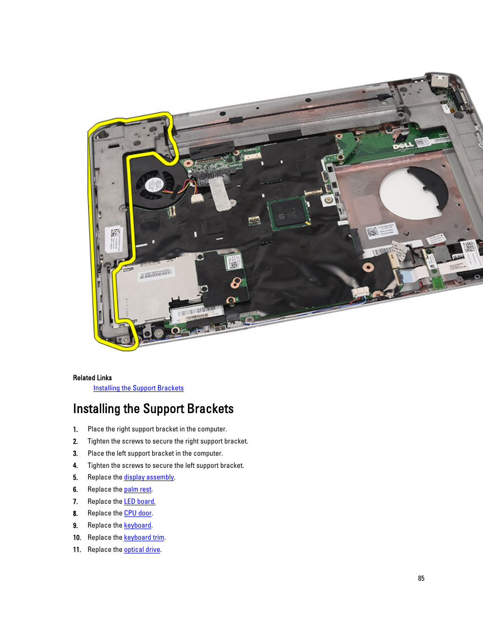 Installing the support brackets | Dell Latitude E5420M (Early 2011) User Manual | Page 85 / 159