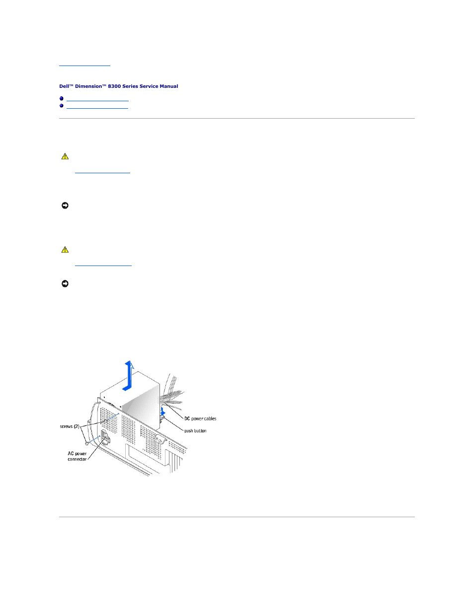 Power supply, Removing the power supply, Replacing the power supply | Dell Dimension 8300 User Manual | Page 31 / 49