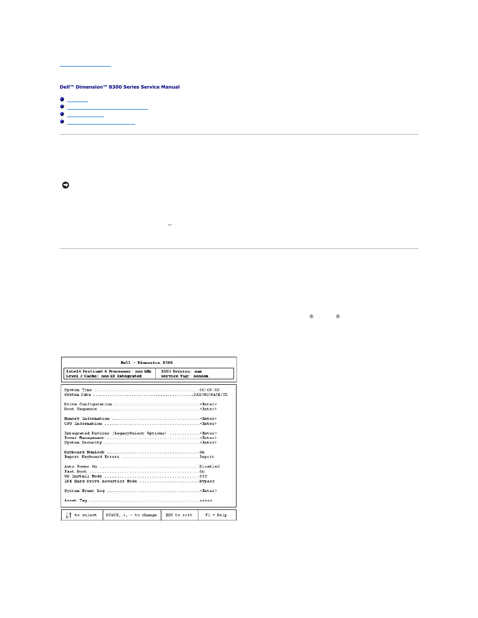 System setup program, Overview, Entering the system setup program | Viewing settings, System setup screens | Dell Dimension 8300 User Manual | Page 38 / 49