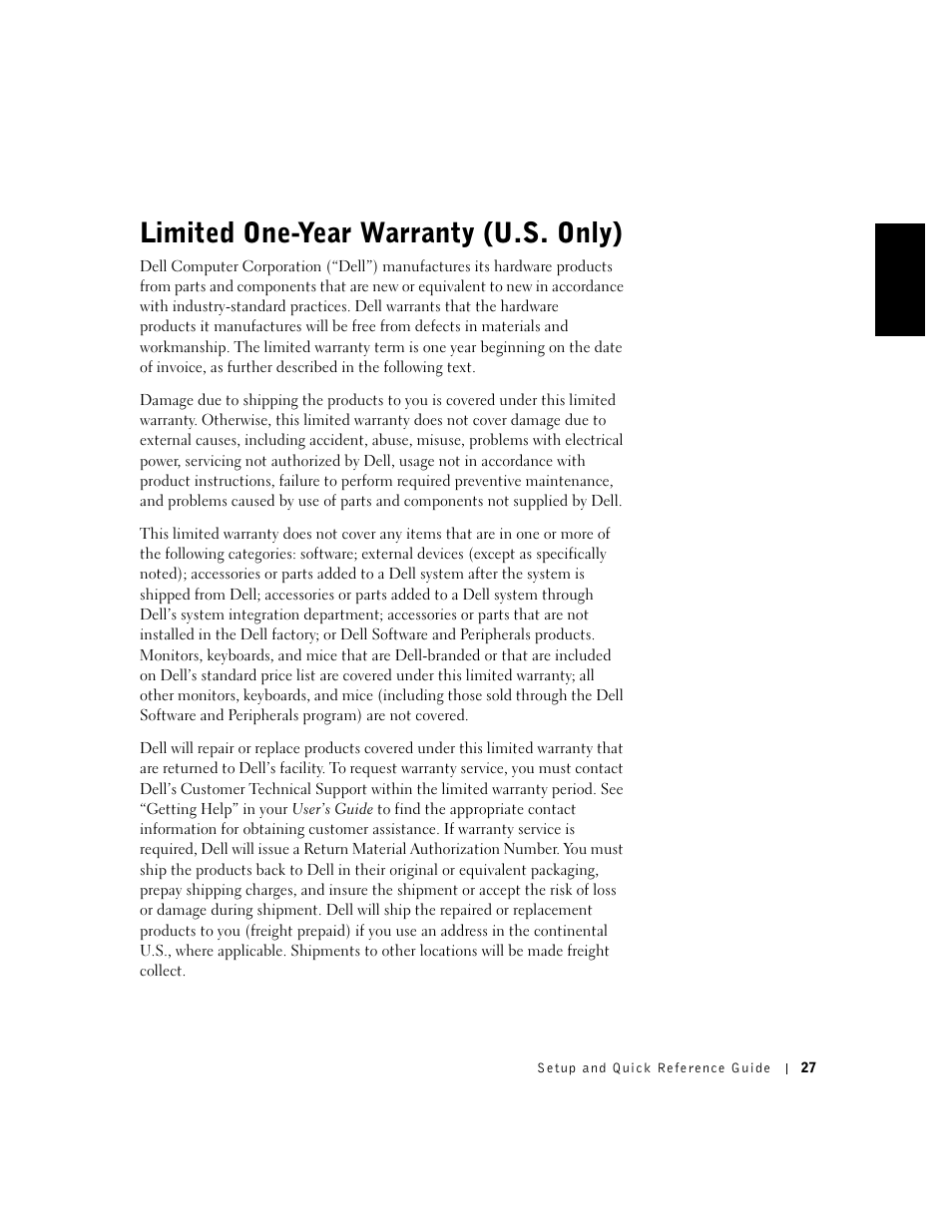 Limited one-year warranty (u.s. only) | Dell OptiPlex GX50 User Manual | Page 28 / 103