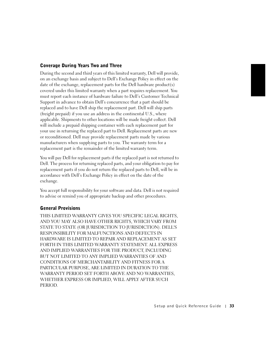 Coverage during years two and three, General provisions | Dell OptiPlex GX50 User Manual | Page 34 / 103