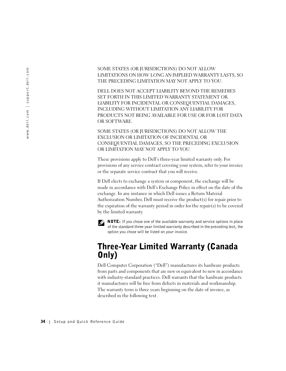 Three-year limited warranty (canada only) | Dell OptiPlex GX50 User Manual | Page 35 / 103