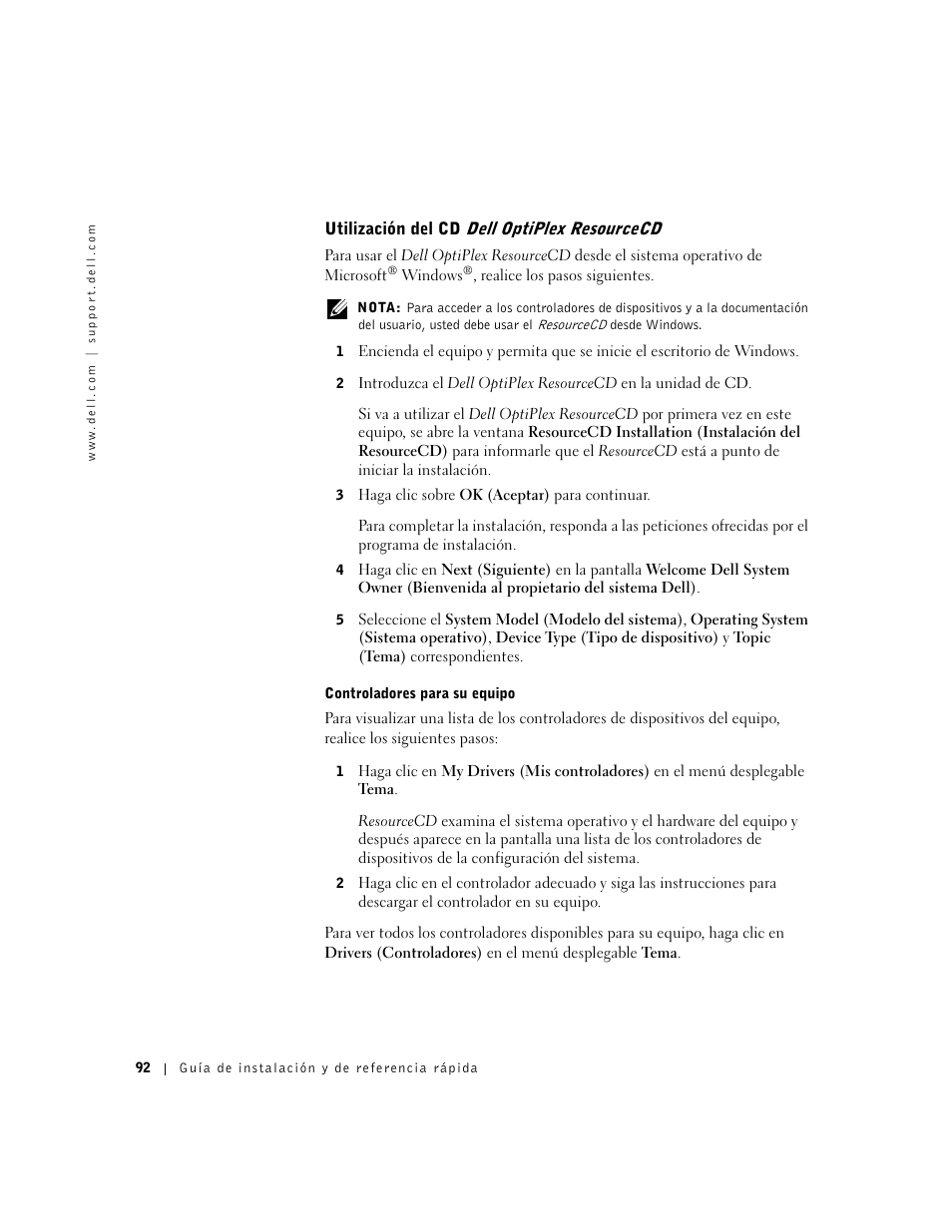 Utilización del cd dell optiplex resourcecd | Dell OptiPlex GX50 User Manual | Page 93 / 103