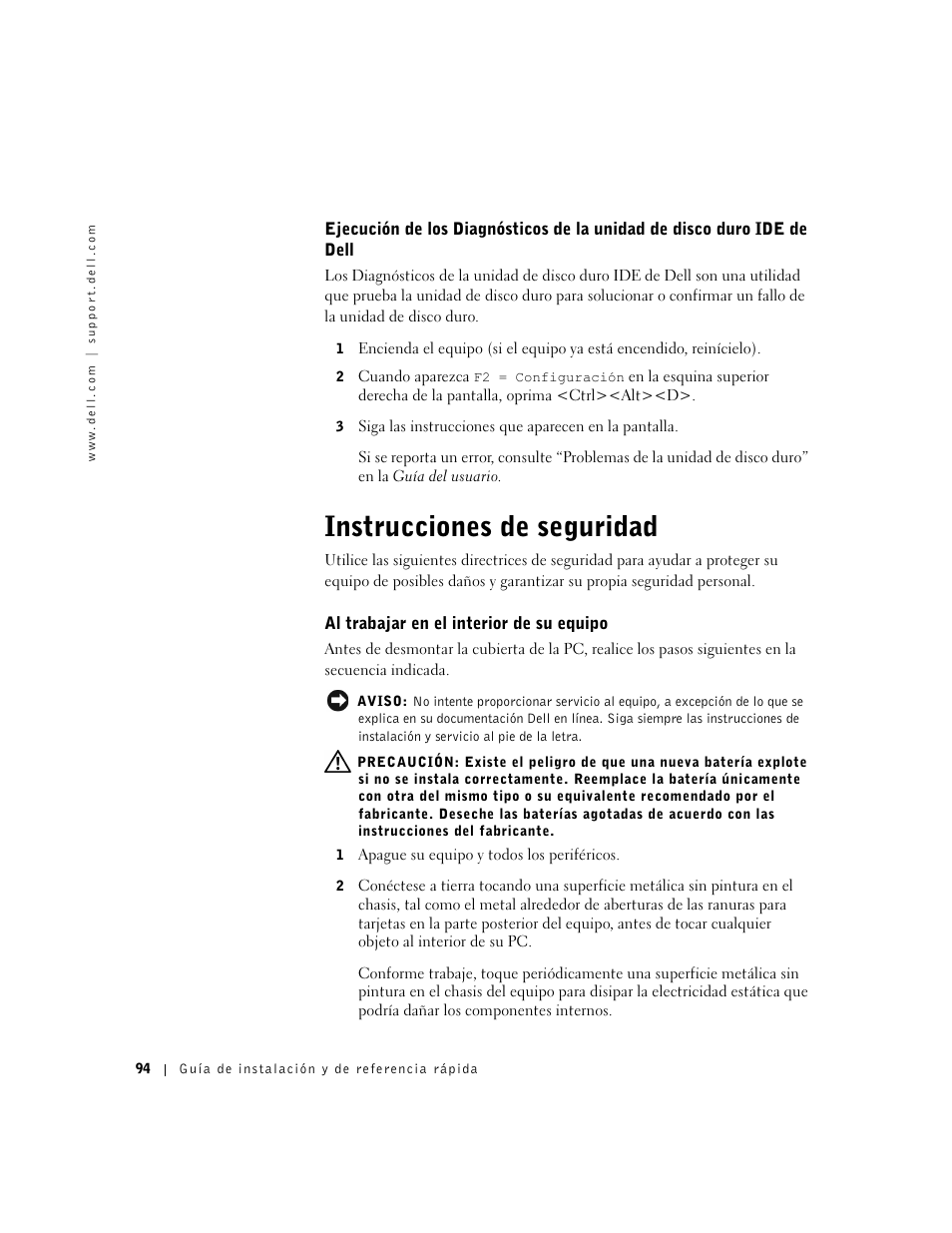 Instrucciones de seguridad, Al trabajar en el interior de su equipo | Dell OptiPlex GX50 User Manual | Page 95 / 103