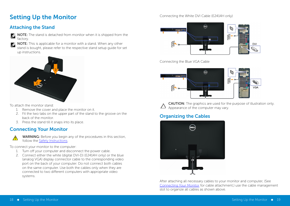 Setting up the monitor, Attaching the stand, Connecting your monitor | Organizing the cables | Dell E2414H Monitor User Manual | Page 10 / 34