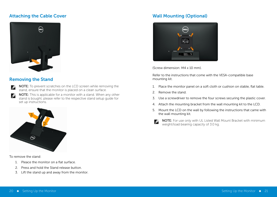 Attaching the cable cover, Removing the stand, Wall mounting (optional) | Attaching the cable cover removing the stand | Dell E2414H Monitor User Manual | Page 11 / 34