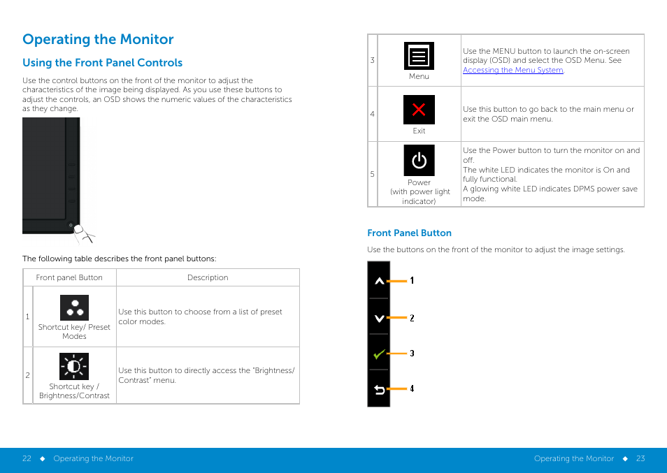 Operating the monitor, Using the front panel controls | Dell E2414H Monitor User Manual | Page 12 / 34