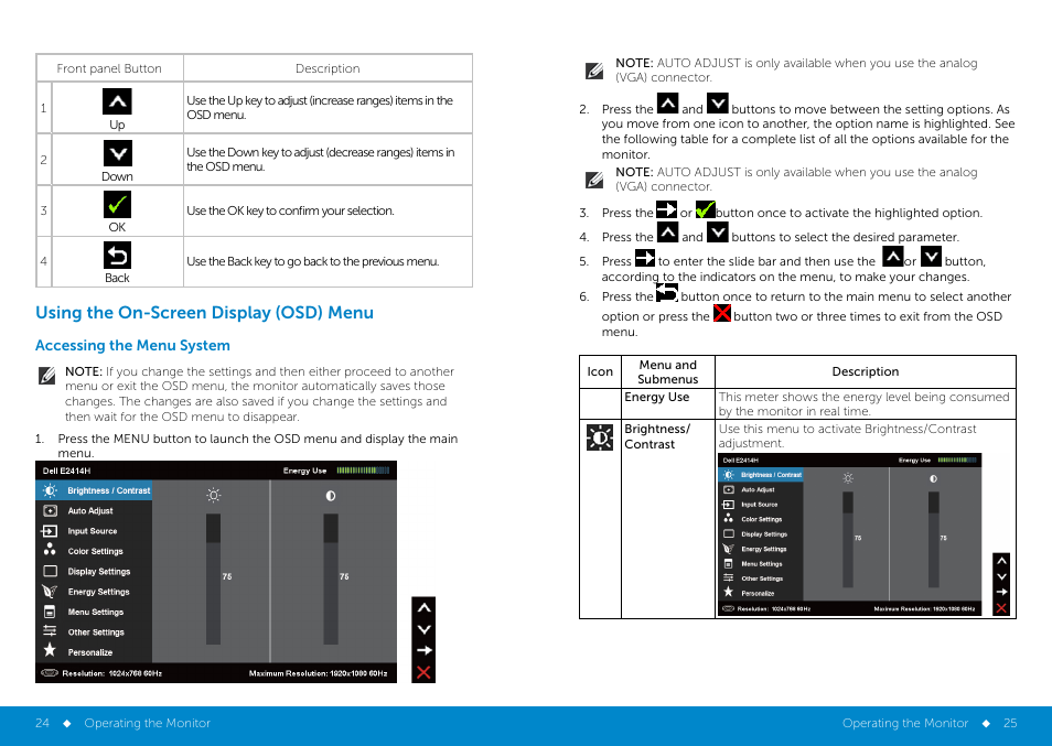 Using the on-screen display (osd) menu | Dell E2414H Monitor User Manual | Page 13 / 34