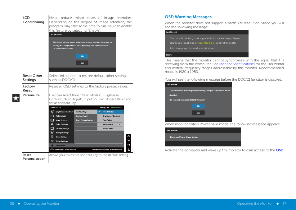 Osd warning messages | Dell E2414H Monitor User Manual | Page 19 / 34