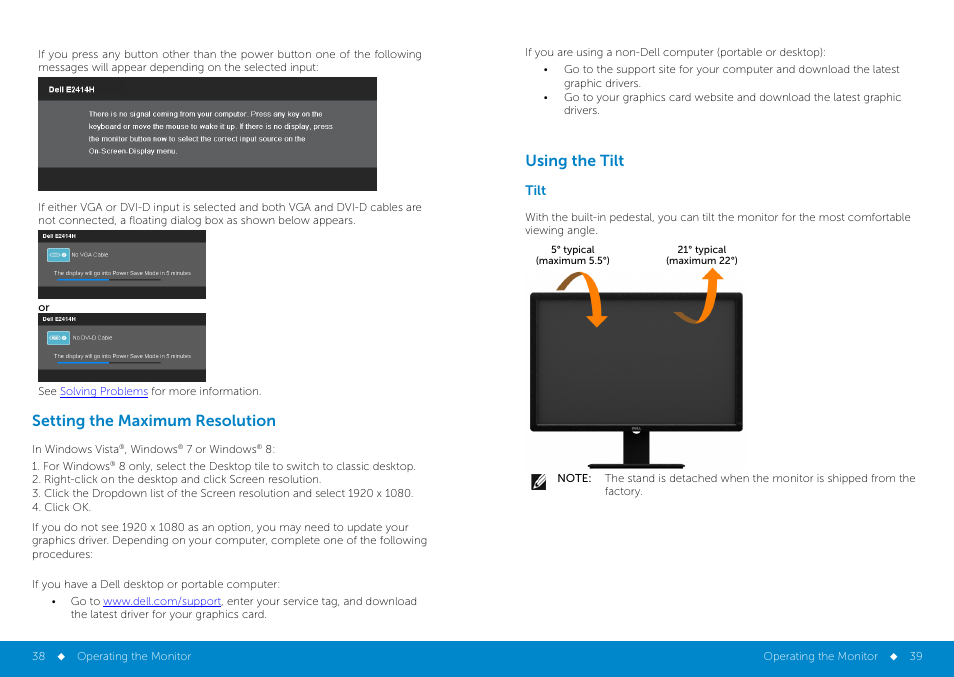 Setting the maximum resolution, Using the tilt, Tilt | Setting the maximum resolution using the tilt | Dell E2414H Monitor User Manual | Page 20 / 34